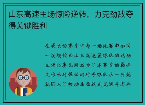 山东高速主场惊险逆转，力克劲敌夺得关键胜利